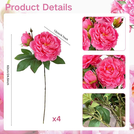 ASTRYAS 4Pcs Large Peonies Artificial Flowers, Hot Pink Fake Silk Peony with Long Stem, Faux Peonies Flowers for Tall Vase Centerpiece Table Wedding Party Home Festival Decor