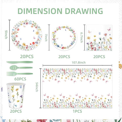 141Pcs Wildflower Party Decorations Spring Floral Birthday Decorations for 20 Guests - Tableware Plates and Napkins Forks Cups Straws Tablecloth for Baby Shower Party Decorations
