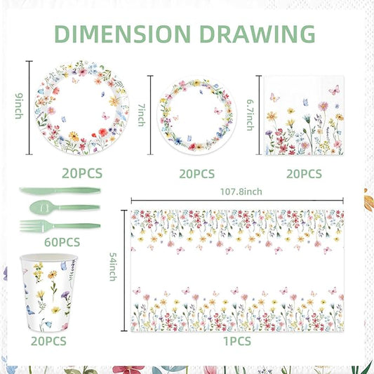 141Pcs Wildflower Party Decorations Spring Floral Birthday Decorations for 20 Guests - Tableware Plates and Napkins Forks Cups Straws Tablecloth for Baby Shower Party Decorations