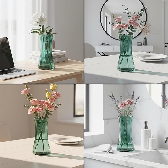 9 in.Tall Mint Green Glass Flower Vase - Modern Ribbed Hourglass Shape,Wide Opening Decor for Home Living Room, Dining Table, Wedding Gift