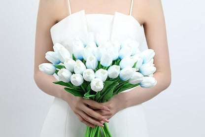 20pcs Blue Tulips Artificial Flowers Fake Silk Tulips Real Touch Flowers for Spring Kitchen Wedding Home Decor Arrangements Easter Decor 14 Inch