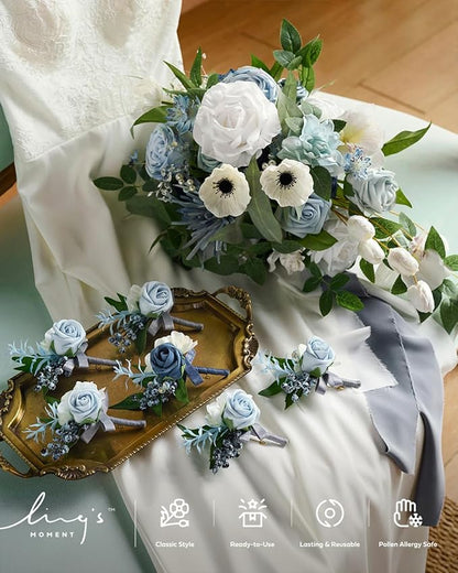 Ling's moment Boutonniere for Men, 6pcs Groom Groomsmen Boutonniere, Artificial Flowers for Wedding Decor/Prom/Homecoming, etc.Dusty Blue Light Blue