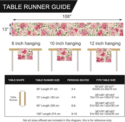 Seliem Spring Summer Watercolor Flower Table Runner, Pink Peony Floral Kitchen Dining Table Decor, Seasonal Burlap Home Decoration Indoor Outdoor Party Supply 13 x 108 Inches