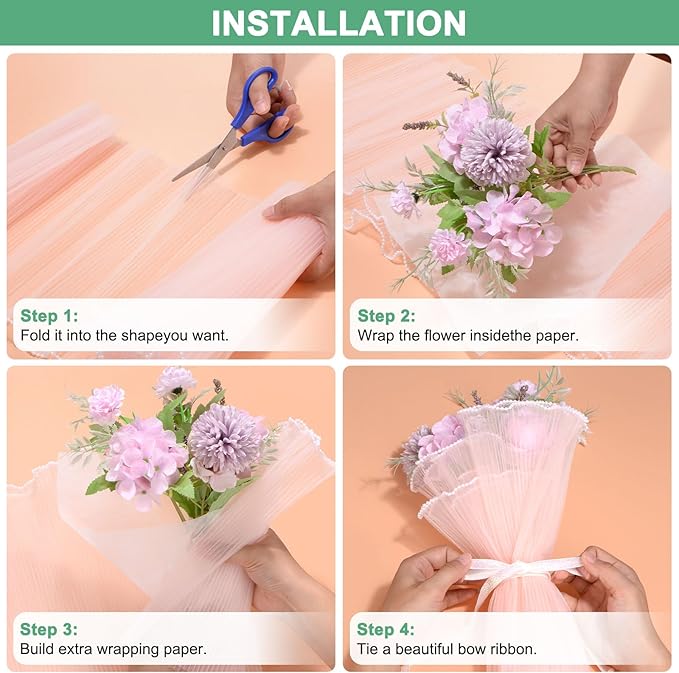 M METERXITY 38-Sheet Korean Cotton Wrapping Flower Paper, 11.8 Inch Waterproof Floral Wrapping Cotton Paper for Bouquets/Gift Packaging [Orange Pink]