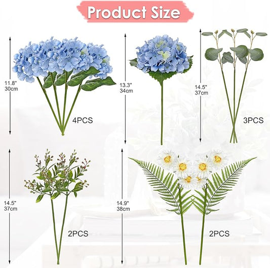 Hydrangea Artificial Flowers 12PCS Blue Fake Flowers Faux Hydrangea Daisies Silk Arrangements Realistic Faux Flowers for Vase Floral Centerpiece Arrangements Wedding Bridal Bouquet Party Home Decor