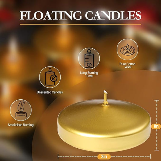 3 inch Floating Candles 36 Packs Gold Floating Candle for Centerpieces 8-9 Hours Floating Candles 3” Water Candles for Cylinder Vases, Pool, Wedding, Christmas