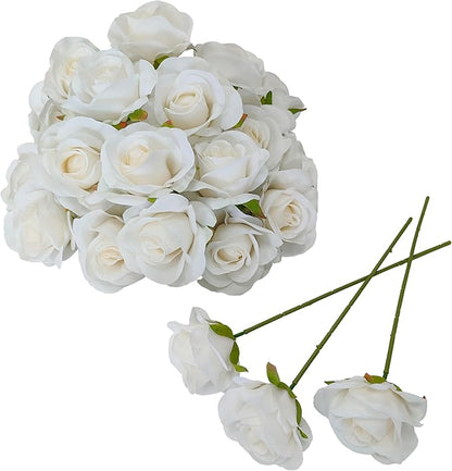 Artificial Satin Rose Flower Heads,42 Pcs Silk Rose Heads with Stems,3.5'' Rose Artificial Flowers Bulk,Artificial Rose Flower Heads for DIY Crafts Bouquet (42, White)