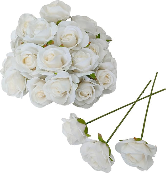 Artificial Satin Rose Flower Heads,42 Pcs Silk Rose Heads with Stems,3.5'' Rose Artificial Flowers Bulk,Artificial Rose Flower Heads for DIY Crafts Bouquet (42, White)