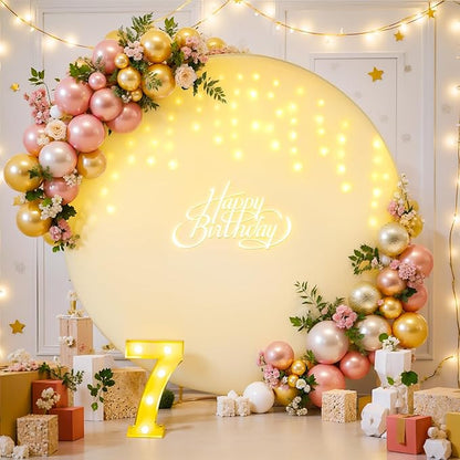6.6 FT Ivory Round Backdrop Cover with Lights String for Circle Arch Stand Circle Backdrop Covers with LED Fairy Lights for Wedding Arch Baby Shower Birthday Party Photo Shoot Photography Background