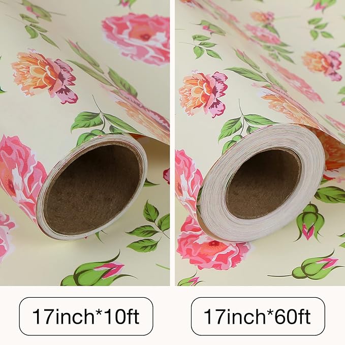 Aimyoo Ivory Floral Wrapping Paper Jumbo Roll 17 in x 60 ft, Vintage Peony Flower Gift Wrap for Wedding Bridal Shower Women Birthday