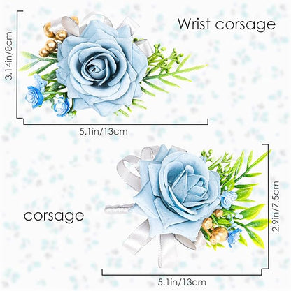 2 Pcs Blue Rose Wrist Corsage and Boutonniere Set, Rose Corsage Hand for Women, Boutonniere for Men Wedding Artificial Flowers Accessories Prom Decor, Wedding Flower Party Accessories (Blue)