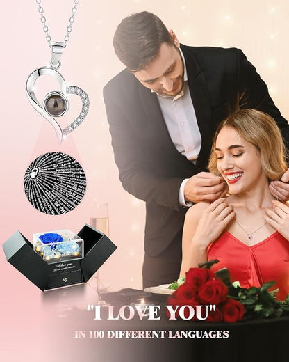 Birthday Gifts for Women, Preserved Real Roses with Heart Necklace I Love You in 100 Languages, Romantic Anniversary Wedding Christmas Gifts for Women Her Girlfriend Wife, 2 Blue Forever Roses Necklace Gift Box