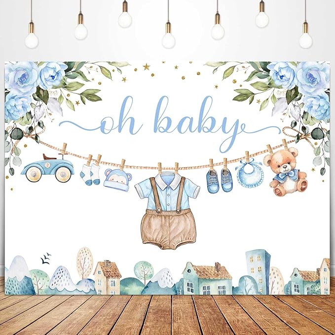 Sensfun Cute Clothes Baby Shower Backdrop for Boys Oh Baby Newborn Blue Floral Eucalyptus Leaves Adventure Baby Shower Party Decorations Banner Supplies Photo Booth Studio Props 7x5ft