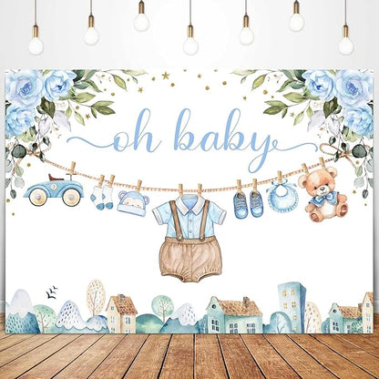 Sensfun Cute Clothes Baby Shower Backdrop for Boys Oh Baby Newborn Blue Floral Eucalyptus Leaves Adventure Baby Shower Party Decorations Banner Supplies Photo Booth Studio Props 8x6ft