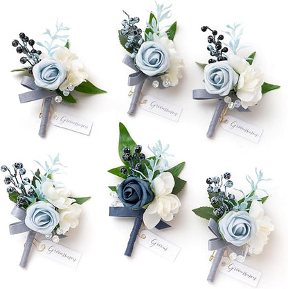 Ling's moment Boutonniere for Men, 6pcs Groom Groomsmen Boutonniere, Artificial Flowers for Wedding Decor/Prom/Homecoming, etc.Dusty Blue Light Blue