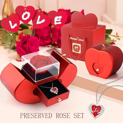 Suturun Preserved Real Rose,Eternal Flower Rose with Heart Necklace,Preserved Flowers Rose Gifts for Women,Girlfriend,Mom,Wife,Gifts Idea on Christmas,Valentine's Day,Mother's Day,Birthday,Anniversary