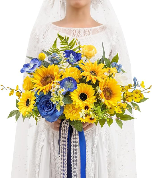 TINGE TIME 13 InchWedding Bouquets for Bride,Bridal Bouquet for Bride, Artificial Silk Sunflowers for Graduation Bouquet, Fake Flowers for Wedding Ceremony and Anniversary (Sunflower&RoyalBlue)