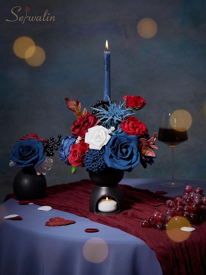 Serwalin Artificial Burgundy Flowers, Blue Fake Silk Flowers for DIY Wedding Bridal Bouquets, Cake Flowers for Table Centerpieces Baby Shower Birthday Party Home Decorations