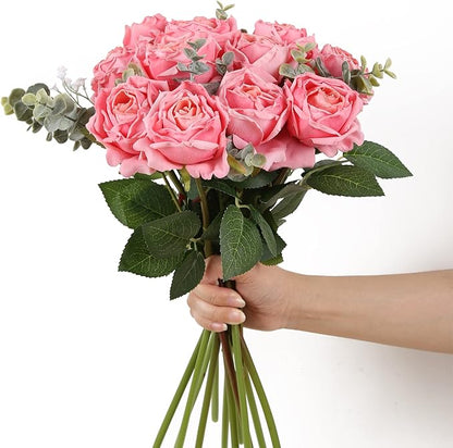 IPOPU Pink Roses Artificial Flowers 12PCS Pink Fake Roses Dried Silk Flowers with Single Stems Faux Rose Realistic Pink Flower Centerpieces for Tables Wedding Bouquet Floral Arrangements