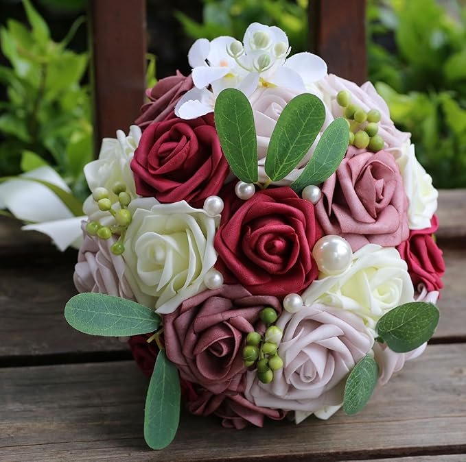 Lightweight Bridal Wedding Bouquet Round Holding Bouquet Throw Toss Artificial Rose Flower Bunch for Bride Bridesmaid Wedding Quinceanera (Cream, Smoky Rose, Light Taro & Burgundy, 9.1")