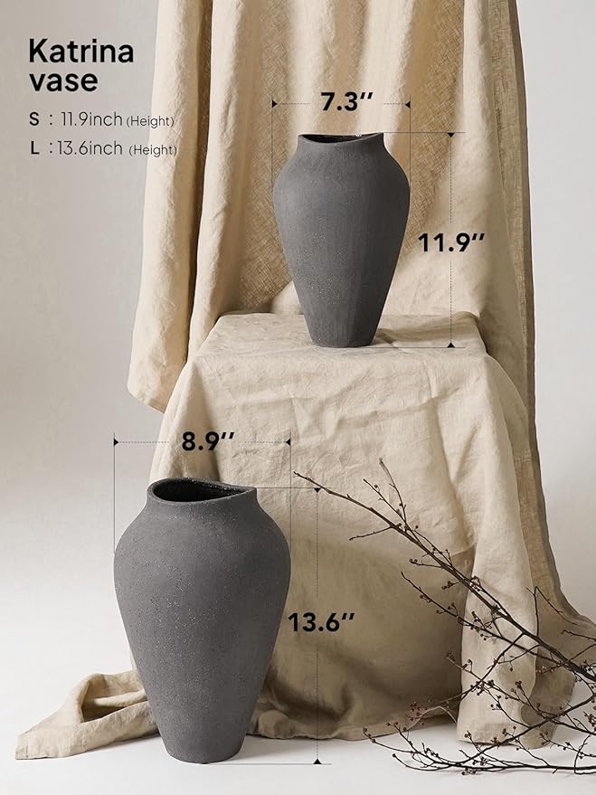 Black Ceramic Vase - Large 13.6 Inch Tall Floor Vase for Centerpieces, Farmhouse Rustic Minimalist Home Decor for Living Room, Enterway, Wedding (Sandstone Black)