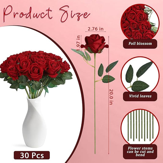30pcs Fake Roses Artificial Silk Flowers Long Stems Bouquet for Wedding Bridal Shower Party Home Decoration (Burgundy)