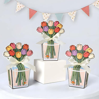Tizee 3D Floral Gable Boxes with Ribbon - Mini Gift Bags for Party Favors, Birthday, Wedding, Mothers Day, Cookies, Candy, and More (20 Pack)