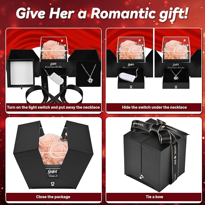 2 Preserved Rose Gift for Women - Eternal Rose with I Love You Necklace - Romantic Birthday Gifts for Girlfriend Mom Her Wife Grandma on Valentines Mothers Day Anniversary Christmas-Red Champagne