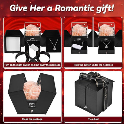 2 Preserved Rose Gift for Women - Eternal Rose with I Love You Necklace - Romantic Birthday Gifts for Girlfriend Mom Her Wife Grandma on Valentines Mothers Day Anniversary Christmas-Red Champagne