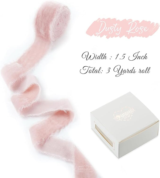 Dusty Pink Silk Velvet Ribbon 1.5 Inch Pink Frayed Edge Ribbon Rustic Style Fringe Velvet for Gift, Raw Edge Boho, Wedding Invitation Bridal Bouquet -3yards