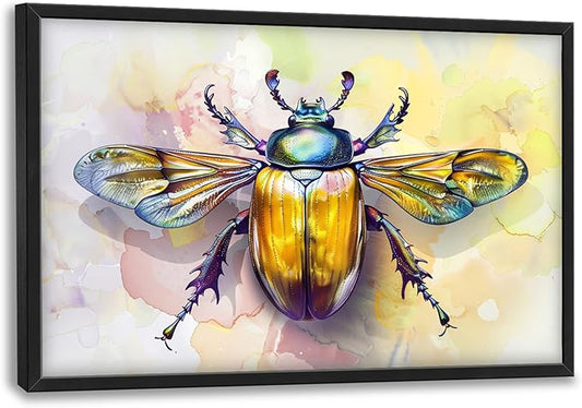 Framed Large Pictures Wall Art for Living Room, Insect Bettle Oversized Wall Decor Golden Bug Canvas Print Painting Extra Large Framed Artwork for Bedroom Office 36"x24"