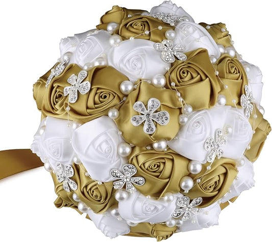 Handmade Wedding Flowers Bridal Bouquets Crystal Bride Holding Bouquet White Ivory Satin Roses with Diamond Pearl Ribbon.(Gold)