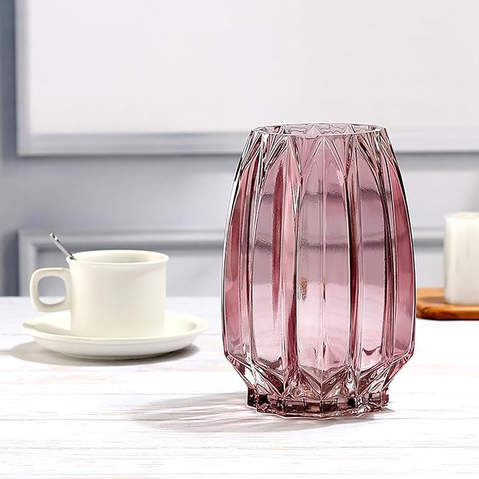 Pink Glass Vase Modern Ribbed Vase for Flowers, Candles, and Decorative Accents - Tall/Short Vases for Centerpieces Home Table Decor(Purple Pink H8.0inch)