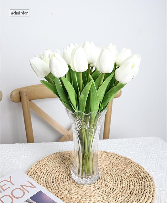 30pcs Tulips Artificial Flowers, Artificial Latex Real Touch Tulips Flowers Bouquet for Mother's Day Easter Wedding Party Home Decor-White