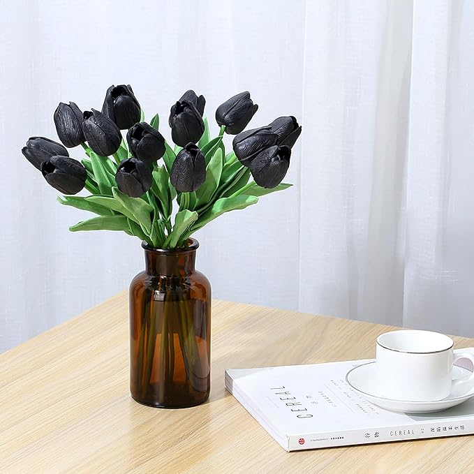 SITUMEIZI 15pcs Black Tulips Fake Artificial Flowers Real Touch 14" Silk Flower for Home Decor Easter Spring Wedding Bouquet Decorations Mother's Gift Day Floral Arrangements