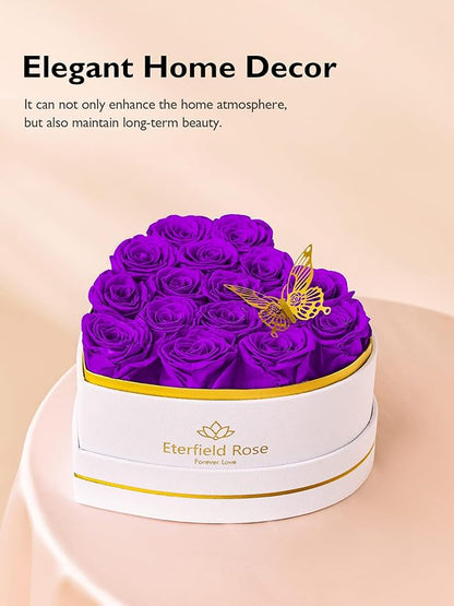 Eterfield 16 Forever Flowers in Heart Shape Box, Preserved Roses That Last a Year Preserved Flowers Birthday Gifts for Her Mom Women Wife Anniversary Valentines Day Mothers Day Christmas, Purple