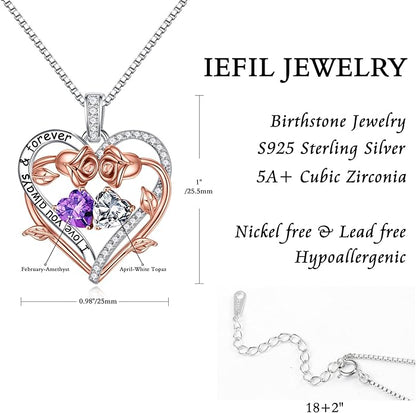 Iefil Rose Heart Double Birthstone Necklace Gifts for Wife Her Mom Women, Birthstone Jewelry Gemstone Birthday Gifts for Girlfriend Grandma Her Wife Women