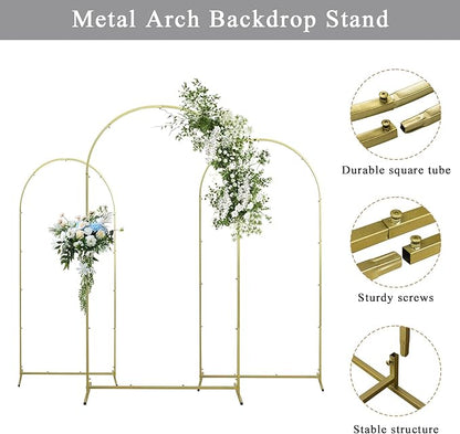 Wedding Arch Backdrop Stand Set of 3, (6, 6.6, 7.2) Metal Arch Backdrop Stand with Wedding Arch Cover, Wedding Balloon Arch Backdrop Stand for Birthday, Baby Shower, Anniversary.