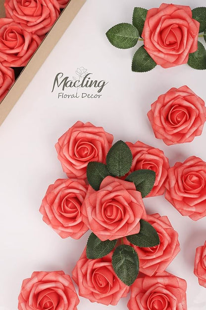 MACTING 30PCS Artificial Rose Flowers Real Touch Flowers with Stem Fake Roses for DIY Wedding Bouquet Table Centerpieces Party Holiday Baby Shower Home Spring Valentines Day Decorations,Coral Red
