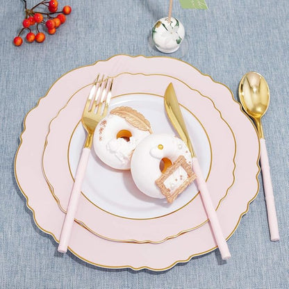 WDF 180Pieces Gold Plastic Silverware-Gold Plastic Cutlery with Pink Handle- Heavyweight Disposable Flatware-Disposable Utensils Include 60 Forks,60 Spoons,60 Knives for Wedding/Party