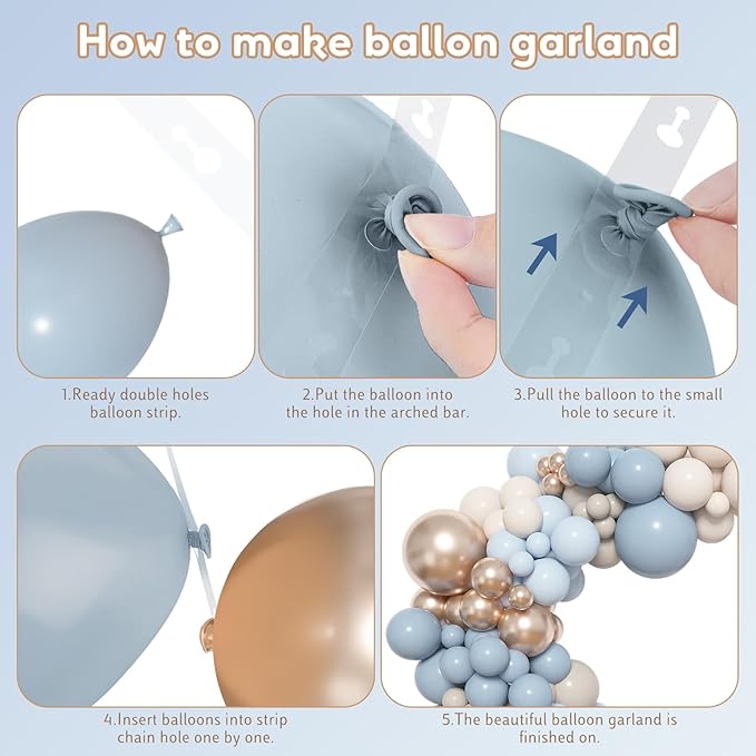 Amandir 153pcs Dusty Blue Balloon Arch Garland Kit, Different Sizes 18 12 10 5 inch White Sand Beige Cream Champagne Fog Baby Blue Balloons for Boy Baby Shower Birthday Bridal Wedding Party Decoration