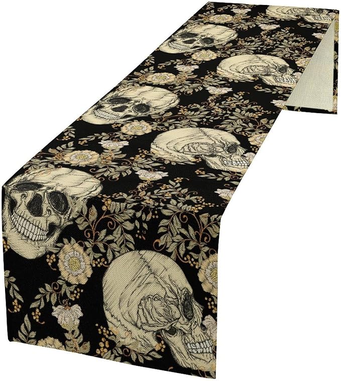 Gothic Table Runner,Vintage Floral Skull Print Table Runner for Home Kitchen Table Dining Garden Farmhouse Wedding Party Decor 13x36 Inch