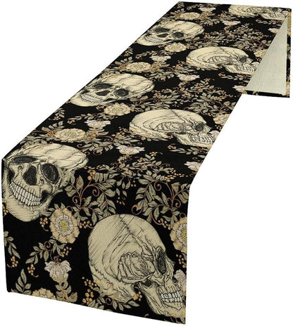 Gothic Table Runner,Vintage Floral Skull Print Table Runner for Home Kitchen Table Dining Garden Farmhouse Wedding Party Decor 13x90 Inch