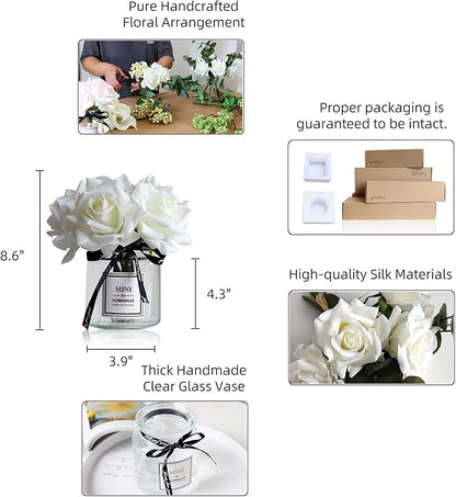 Artificial Flowers with White Roses in Vase, Fake Flowers in Glass Jar with Ribbon, Silk Flower Arrangements in Vase with Artificial Flowers for Home Dining Table Decor.