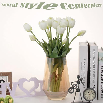 20pcs Artificial Tulip Flowers,16 Inch Real Touch Tulip Stems with Faux Leaves, Faux Tulips and Buds for Home Décor Centerpiece Ornament Wedding Bouquet,White