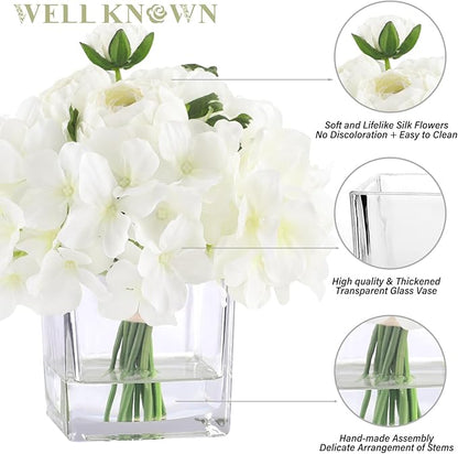 WELL KNOWN Fake Flowers in Vase, Hydrangea Ranunculus Artificial Flowers with Vase, Silk Faux Floral with Faux Water Arrangements Centerpiece for Office Dining Table Home Hotel Wedding Decor (White)