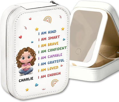 Wrappiness Girls & Women Lovely Makeup Box With LED Mirror - Personalized Jewelry Box Organizer Portable Ideal for Travel, Gift for Daughters Sisters Friends (Kind Smart Loved, Toddler Girls)