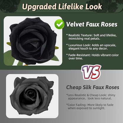 Black Roses Artificial Flowers 10 Pack in Bulk, Black Fake Roses Flowers Realistic Roses for Halloween Gothic Wedding Home Party Decoration Event Gift