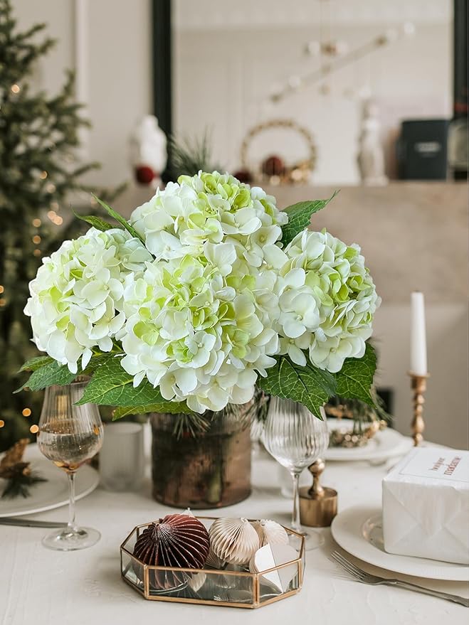 4 Pcs White/Green Real Touch Hydrangeas Artificial Hydrangeas Flowers Faux Latex Hydrangea for Kitchen Living Room Porch Fall Home Decor Baby Shower Party Wedding Xmas Table Centerpiece