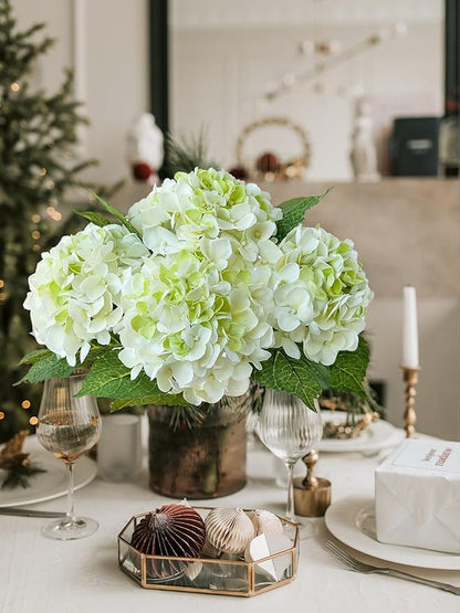 4 Pcs White/Green Real Touch Hydrangeas Artificial Hydrangeas Flowers Faux Latex Hydrangea for Kitchen Living Room Porch Fall Home Decor Baby Shower Party Wedding Xmas Table Centerpiece